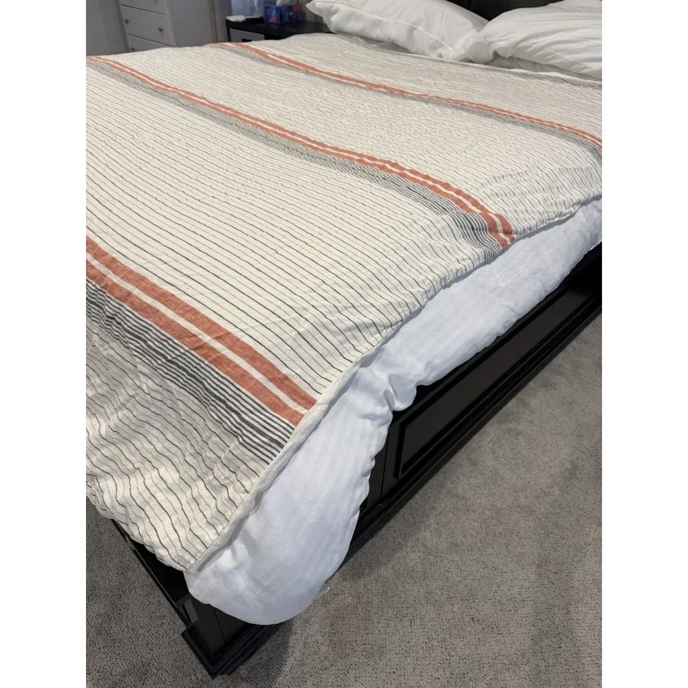 West Elm King 100% Linen Duvet Cover Natural Ivory Gray Terracotta Stripe 92x108